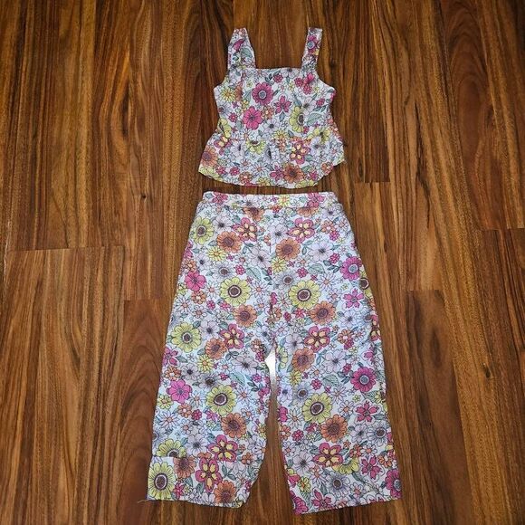 Btween White Pink Orange Floral 2 Piece Set Peplum Tanktop Wide Leg Linen Pants - Picture 1 of 8